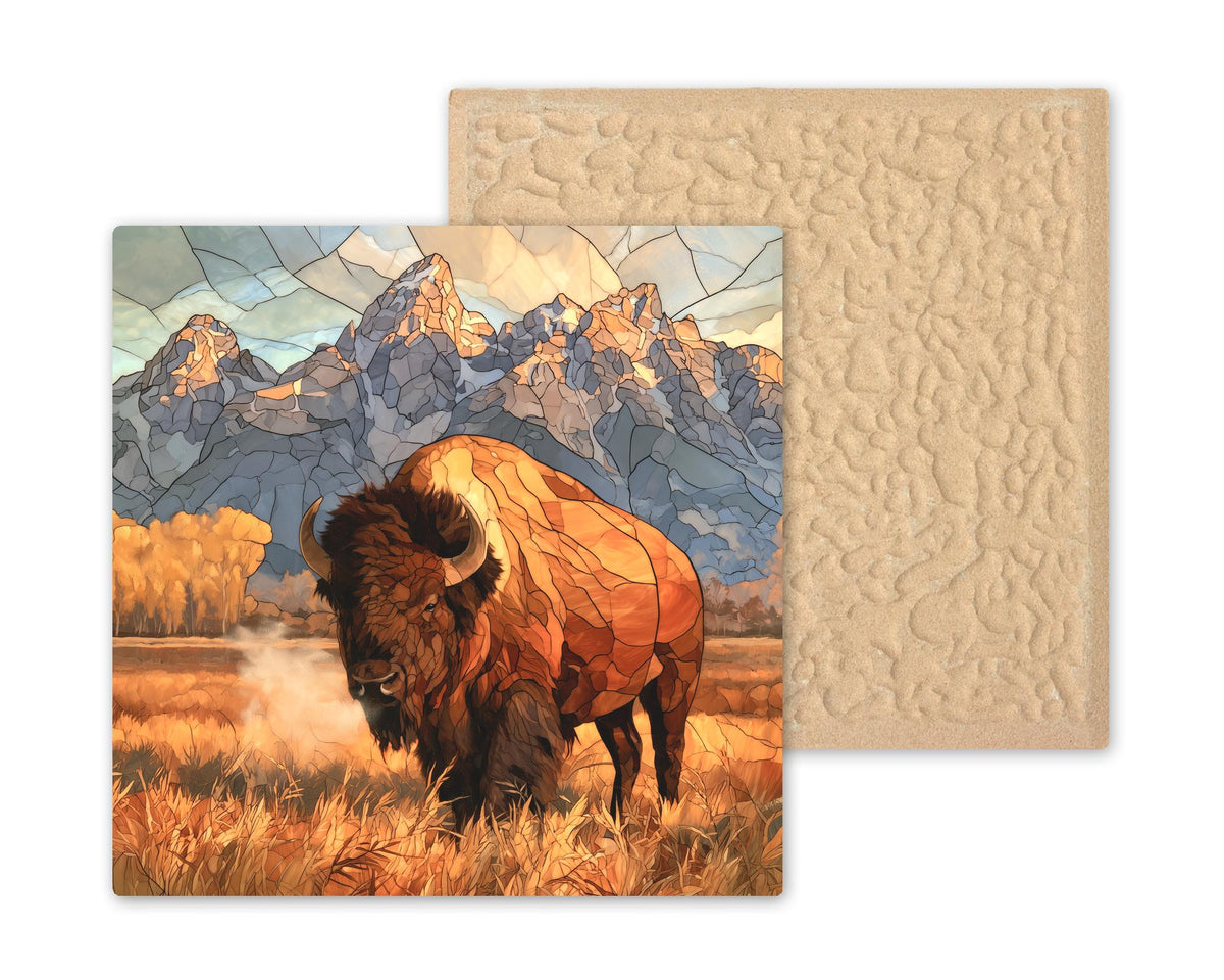 Grand Teton Bison Stained Glass Style Ceramic Art Tile – Autumn Buffalo in the Tetons Wall Decor, National Park Lover
