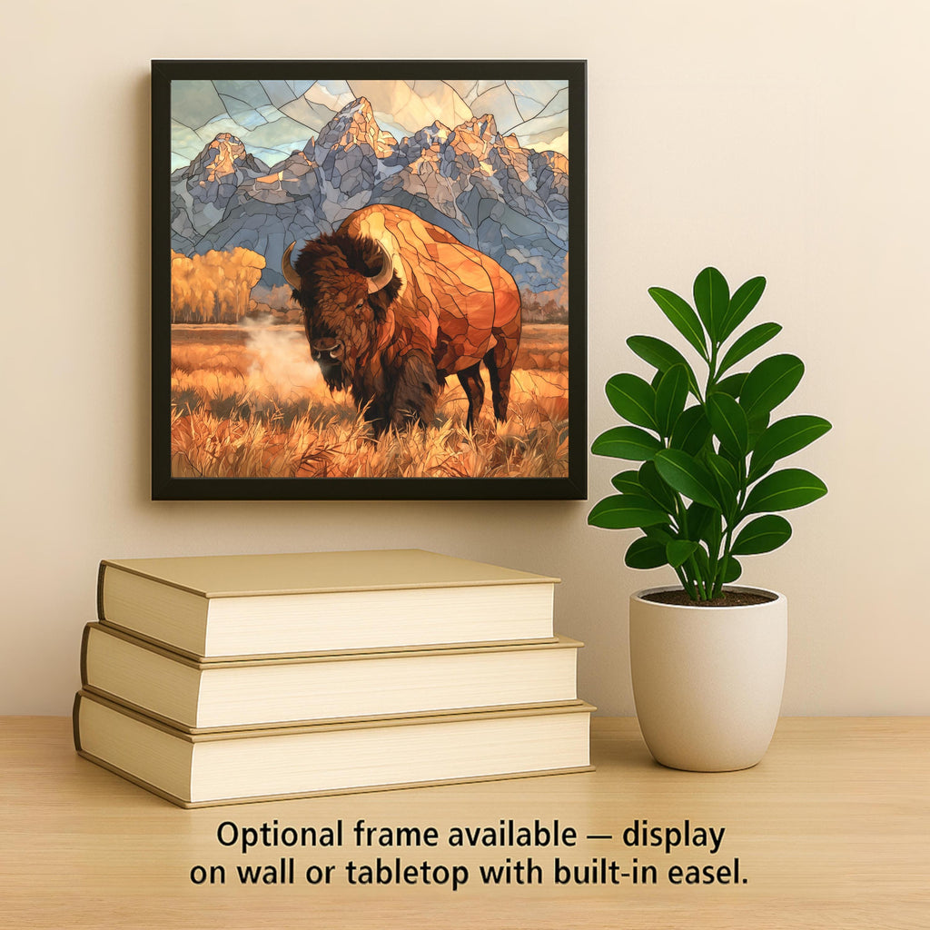 Grand Teton Bison Stained Glass Style Ceramic Art Tile – Autumn Buffalo in the Tetons Wall Decor, National Park Lover