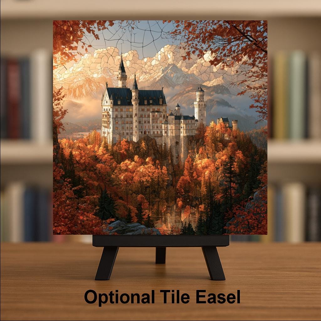 Neuschwanstein Castle Stained Glass Style Ceramic Art Tile – Bavarian Alps Autumn Wall Decor, Germany Traveler