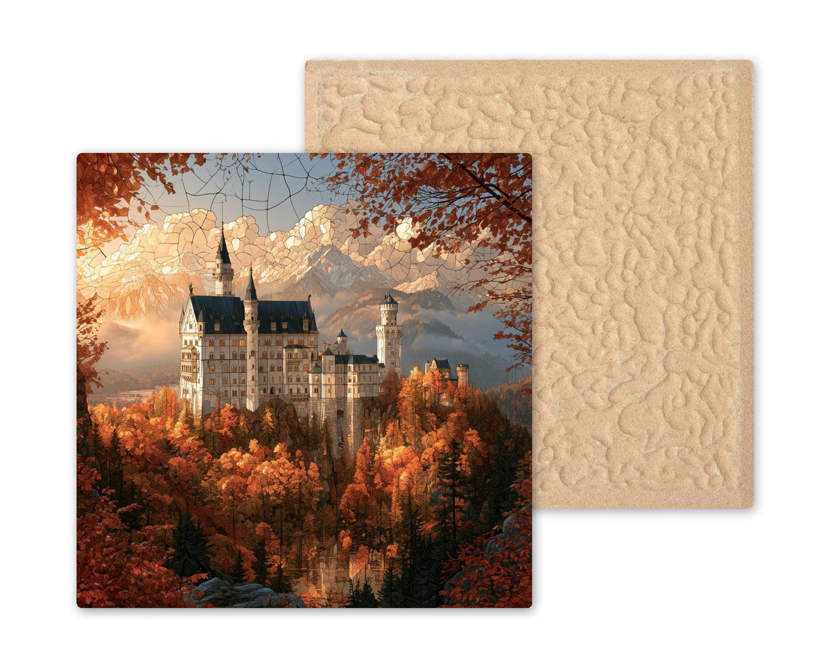 Neuschwanstein Castle Stained Glass Style Ceramic Art Tile – Bavarian Alps Autumn Wall Decor, Germany Traveler