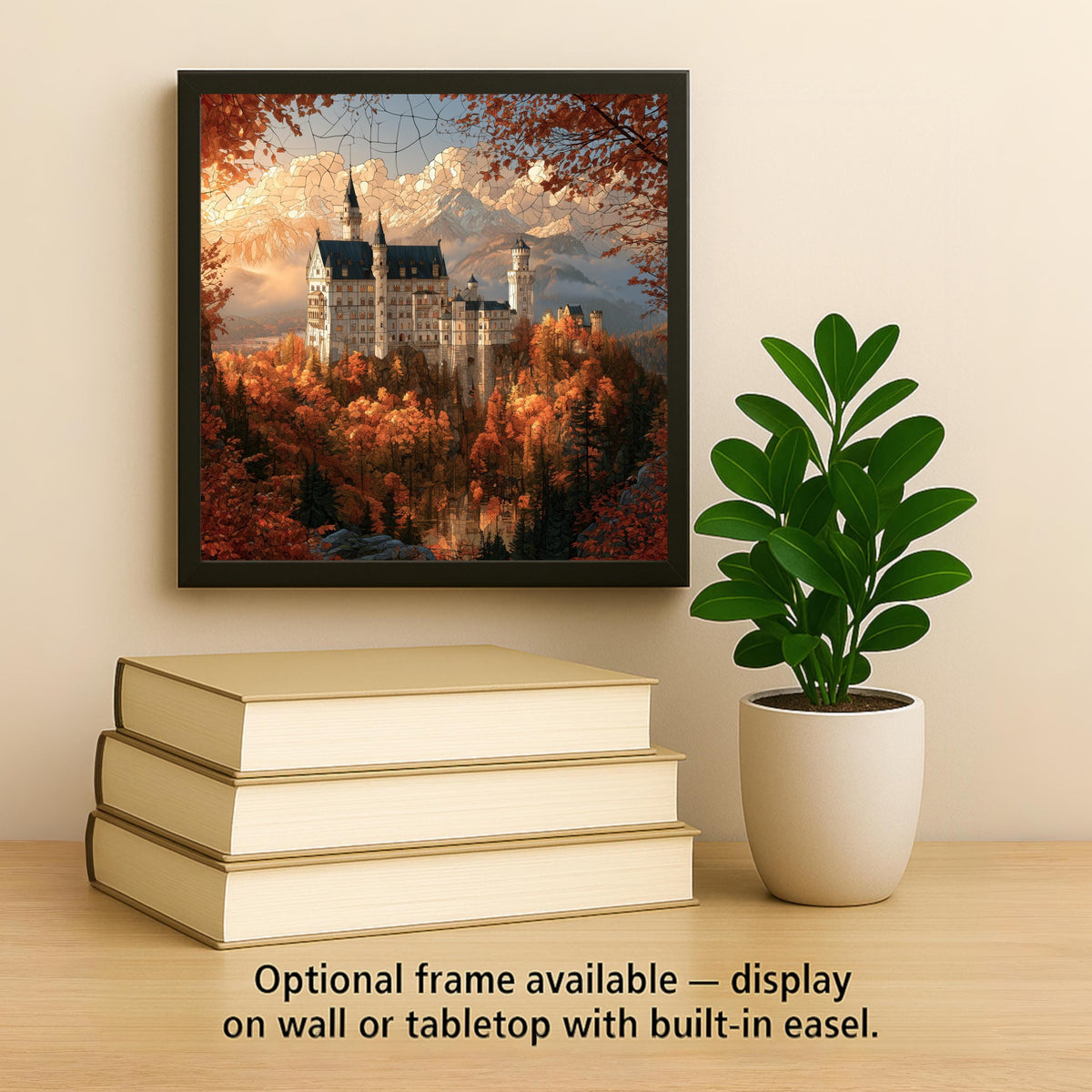 Neuschwanstein Castle Stained Glass Style Ceramic Art Tile – Bavarian Alps Autumn Wall Decor, Germany Traveler