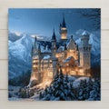 Stained glass style ceramic art tile of Neuschwanstein Castle on a snowy winter night, windows glowing warm gold, snow-covered spires and pale blue glass mountains under falling snow.