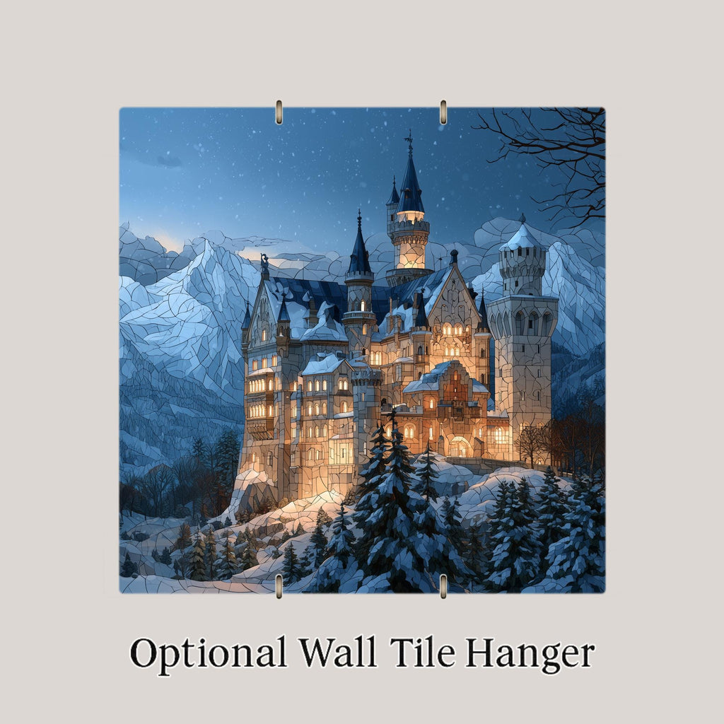 Neuschwanstein Castle Stained Glass Style Ceramic Art Tile – Snowy Winter Night Wall Decor, Fairytale Lover