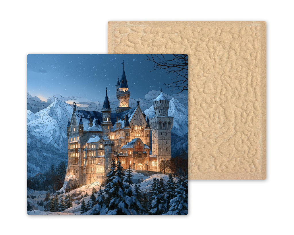 Neuschwanstein Castle Stained Glass Style Ceramic Art Tile – Snowy Winter Night Wall Decor, Fairytale Lover