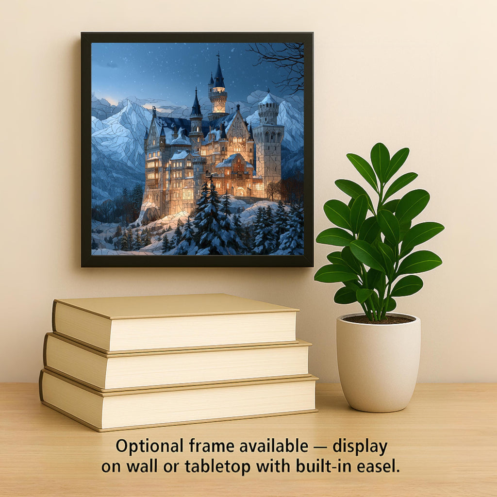Neuschwanstein Castle Stained Glass Style Ceramic Art Tile – Snowy Winter Night Wall Decor, Fairytale Lover
