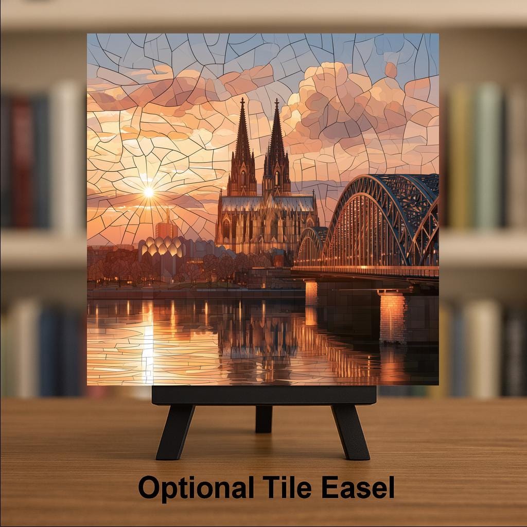 Cologne Cathedral Stained Glass Style Ceramic Art Tile – Rhine River Sunset Wall Decor, Architecture Lover
