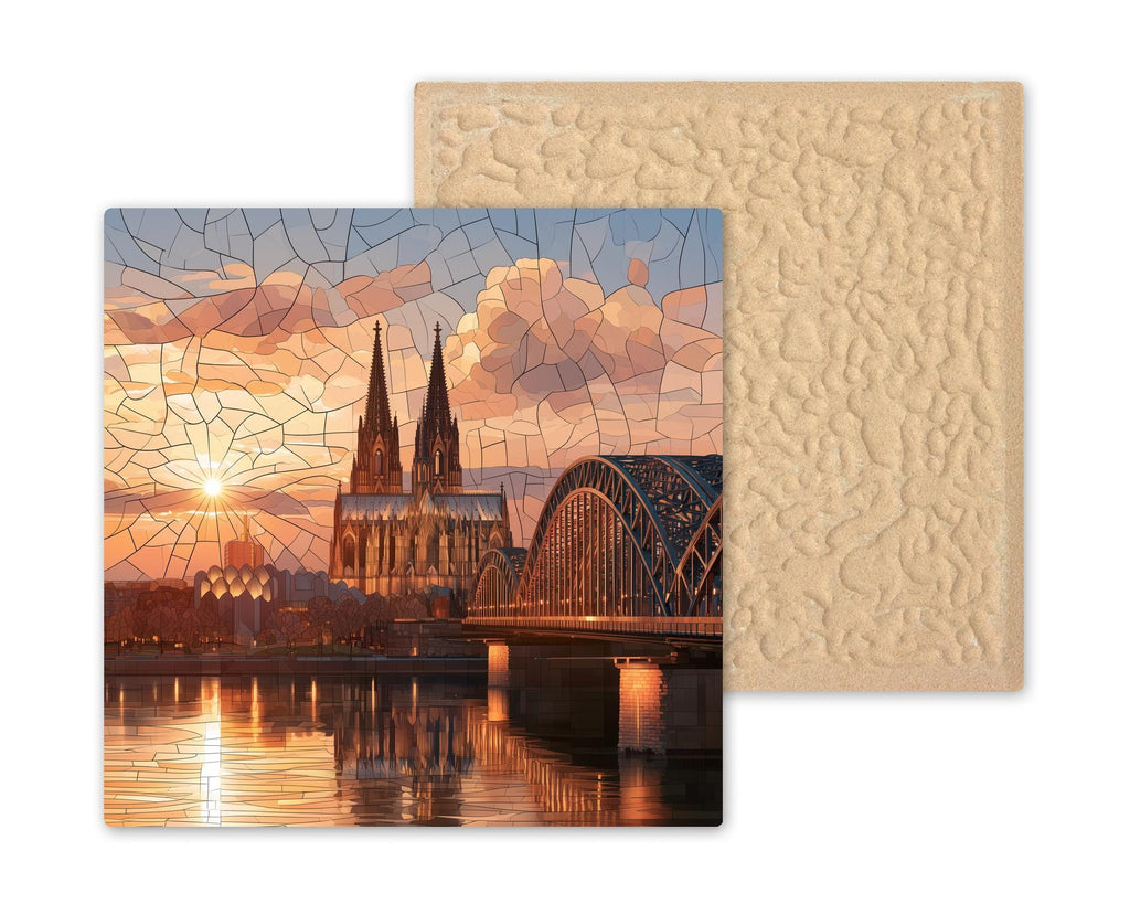 Cologne Cathedral Stained Glass Style Ceramic Art Tile – Rhine River Sunset Wall Decor, Architecture Lover
