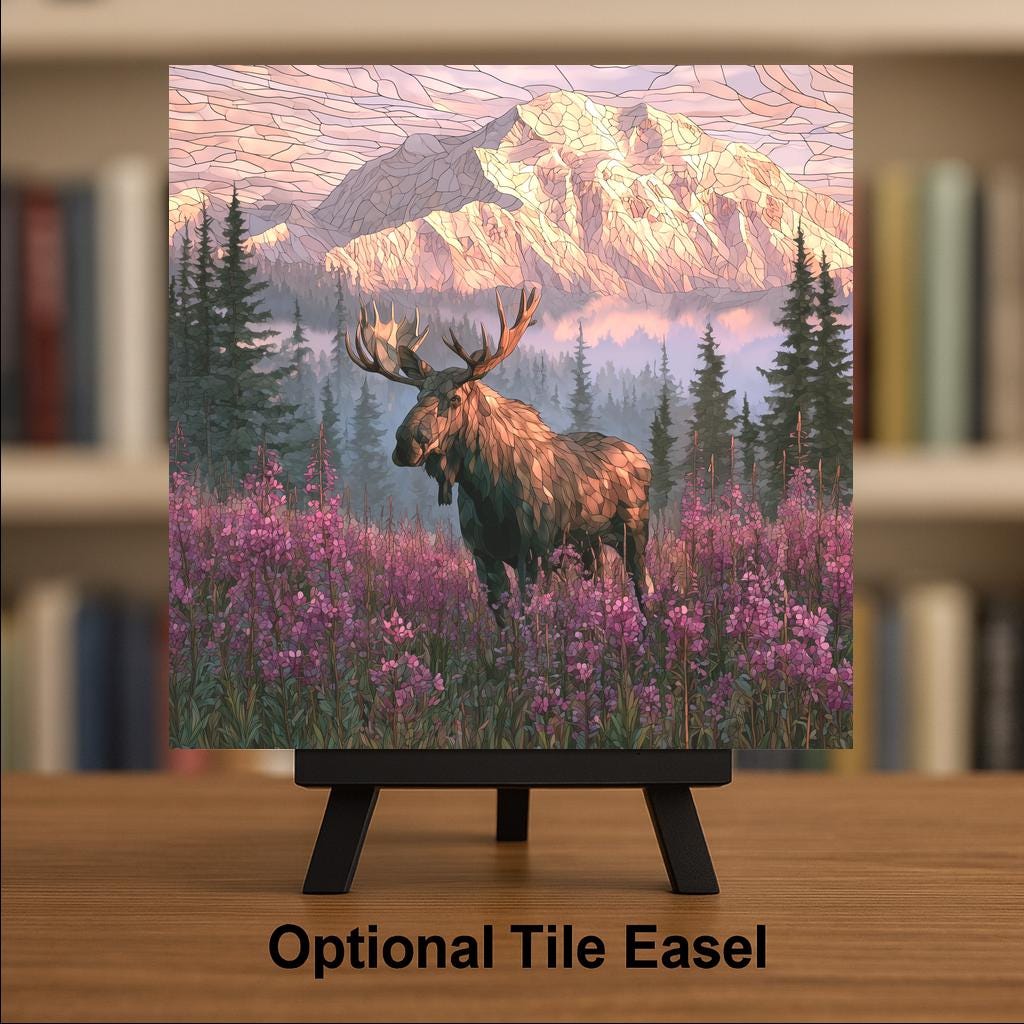 Alaska Moose Stained Glass Style Ceramic Art Tile – Bull Moose in Fireweed Meadow Wall Decor, Alaska Traveler