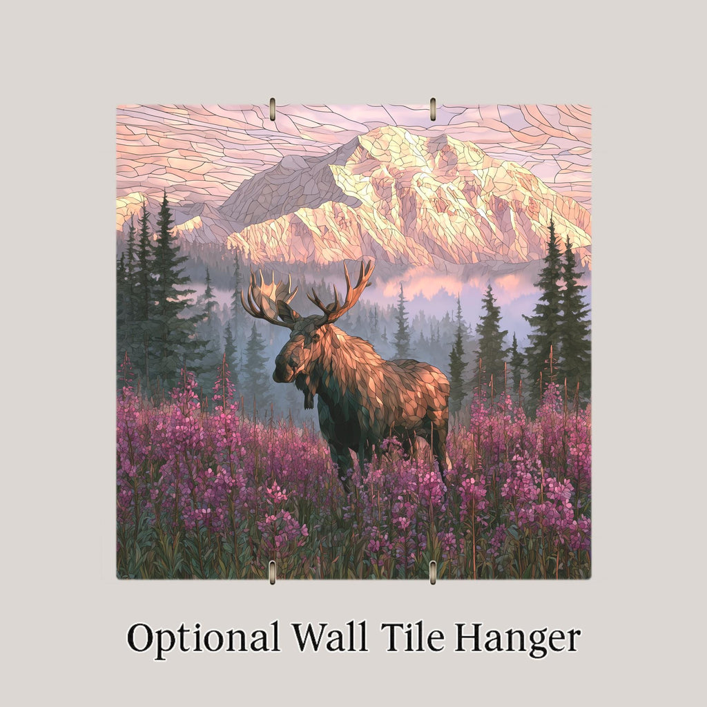 Alaska Moose Stained Glass Style Ceramic Art Tile – Bull Moose in Fireweed Meadow Wall Decor, Alaska Traveler