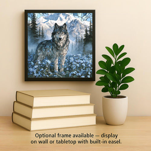 Alaska Wolf Stained Glass Style Ceramic Art Tile – Lone Wolf in Forget Me Not Wildflowers Wall Decor, Wolf Lover