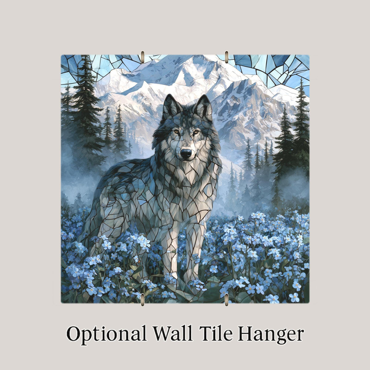 Alaska Wolf Stained Glass Style Ceramic Art Tile – Lone Wolf in Forget Me Not Wildflowers Wall Decor, Wolf Lover