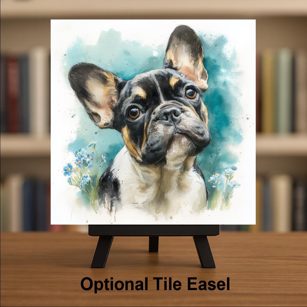 French Bulldog Ceramic Tile Wall Art Watercolor Style Dog Painting Forget Me Not Flowers Pet Memorial Keepsake Dog Decor