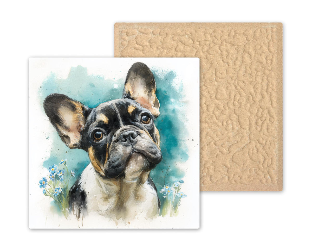 French Bulldog Ceramic Tile Wall Art Watercolor Style Dog Painting Forget Me Not Flowers Pet Memorial Keepsake Dog Decor