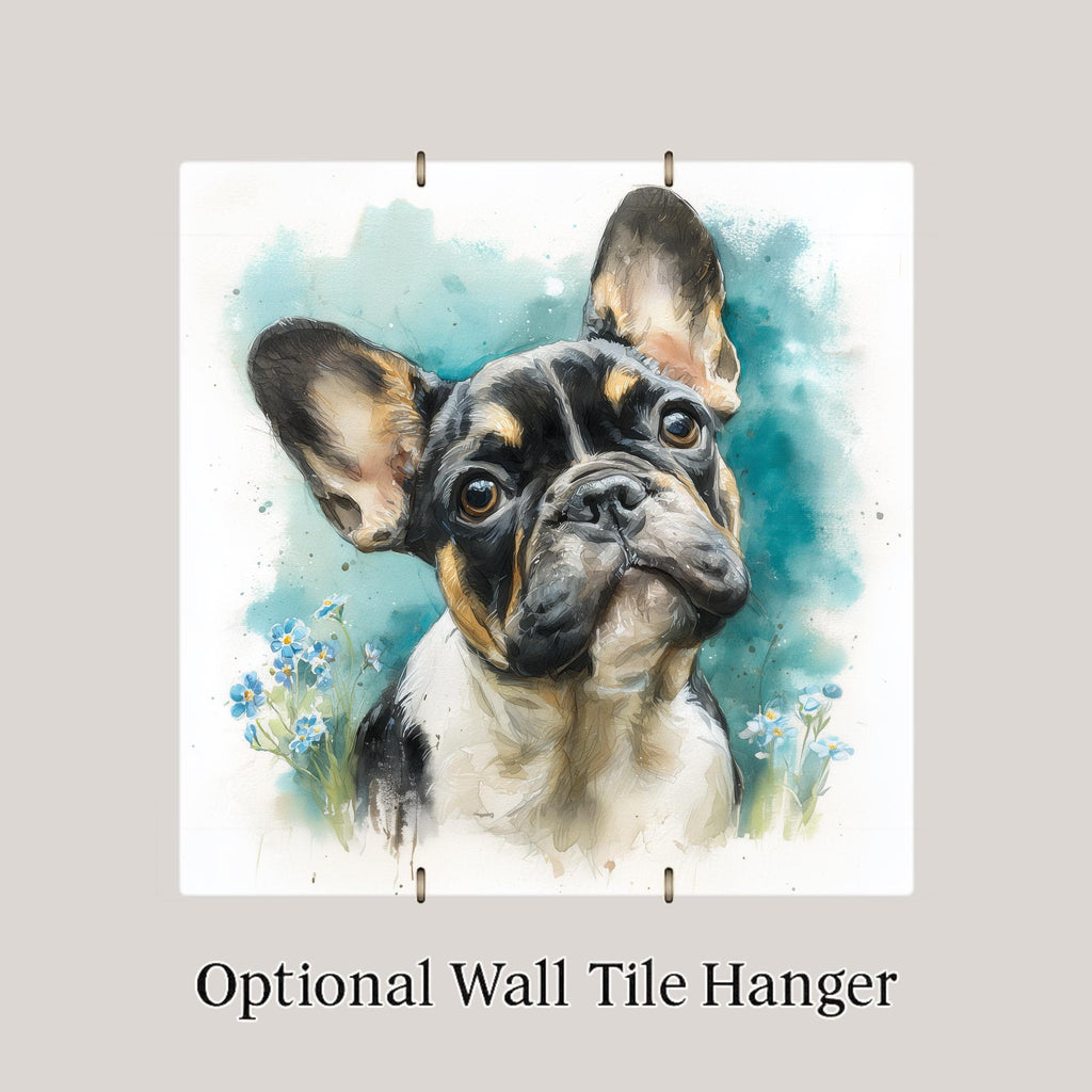 French Bulldog Ceramic Tile Wall Art Watercolor Style Dog Painting Forget Me Not Flowers Pet Memorial Keepsake Dog Decor