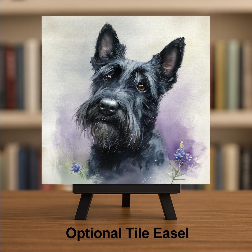 Scottish Terrier Ceramic Tile Wall Art Watercolor Style Dog Painting Blue Wildflowers Pet Memorial Keepsake Scottie Dog Decor