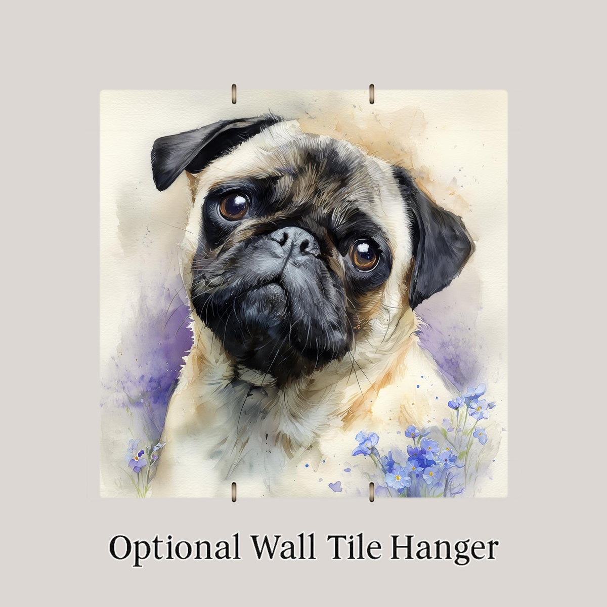 Pug Ceramic Tile Wall Art Watercolor Style Dog Painting Forget Me Not Flowers Pet Memorial Keepsake Dog Mom Decor Puppy Eyes