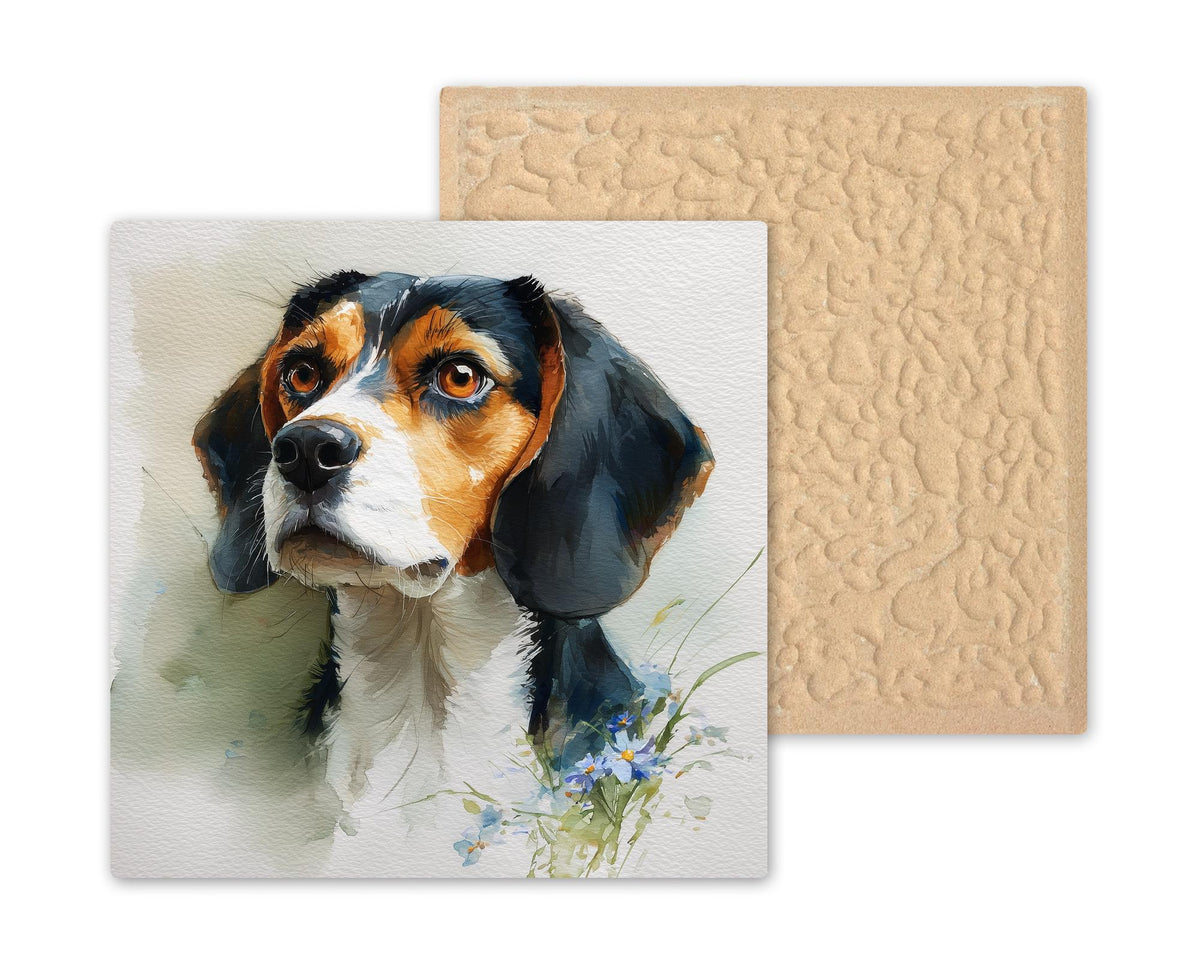 Beagle Ceramic Tile Wall Art Watercolor Style Dog Painting Forget Me Not Wildflowers Pet Memorial Keepsake Dog Lover Decor