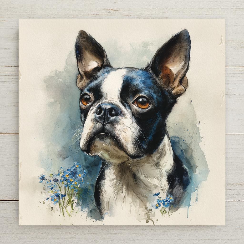 Watercolor and ink portrait of a black and white Boston Terrier with upright ears and amber eyes, looking up, with blue forget-me-not flowers at the base on cream paper, printed on a glossy ceramic art tile.