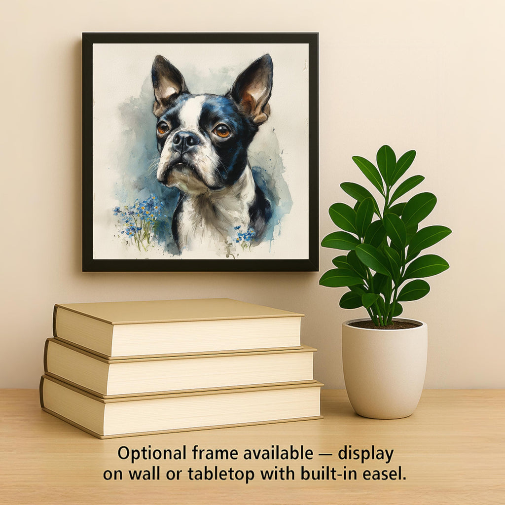 Boston Terrier Ceramic Tile Wall Art Watercolor Style Dog Painting Forget Me Not Flowers Pet Memorial Keepsake Dog Decor