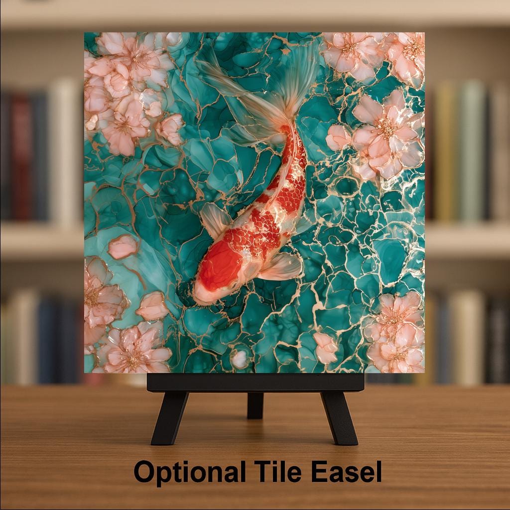 Koi Fish Alcohol Ink Style Ceramic Art Tile – Cherry Blossom Pond in Teal and Gold Wall Decor, Zen Lover