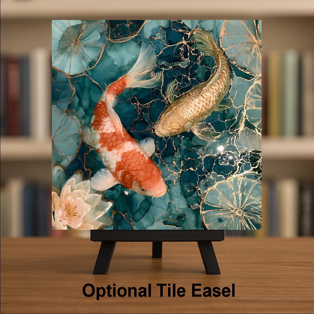 Koi Fish Pair Alcohol Ink Style Ceramic Art Tile – Lily Pond in Teal and Gold Wall Decor, Koi Pond Lover