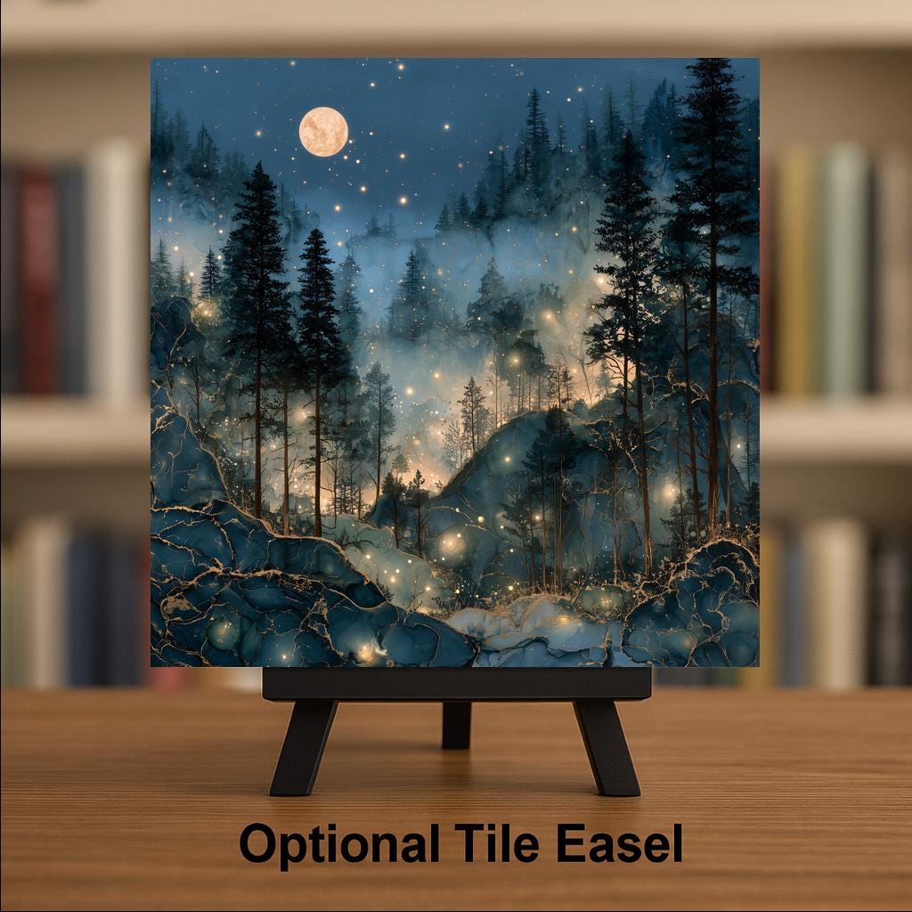 Firefly Forest Alcohol Ink Style Ceramic Art Tile – Smoky Mountains Moonlit Night Wall Decor, Firefly Lover