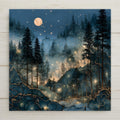 Alcohol ink style ceramic art tile of fireflies glowing gold among moonlit pine trees in the misty Smoky Mountains, full moon above and deep blue rocks veined with gold below.