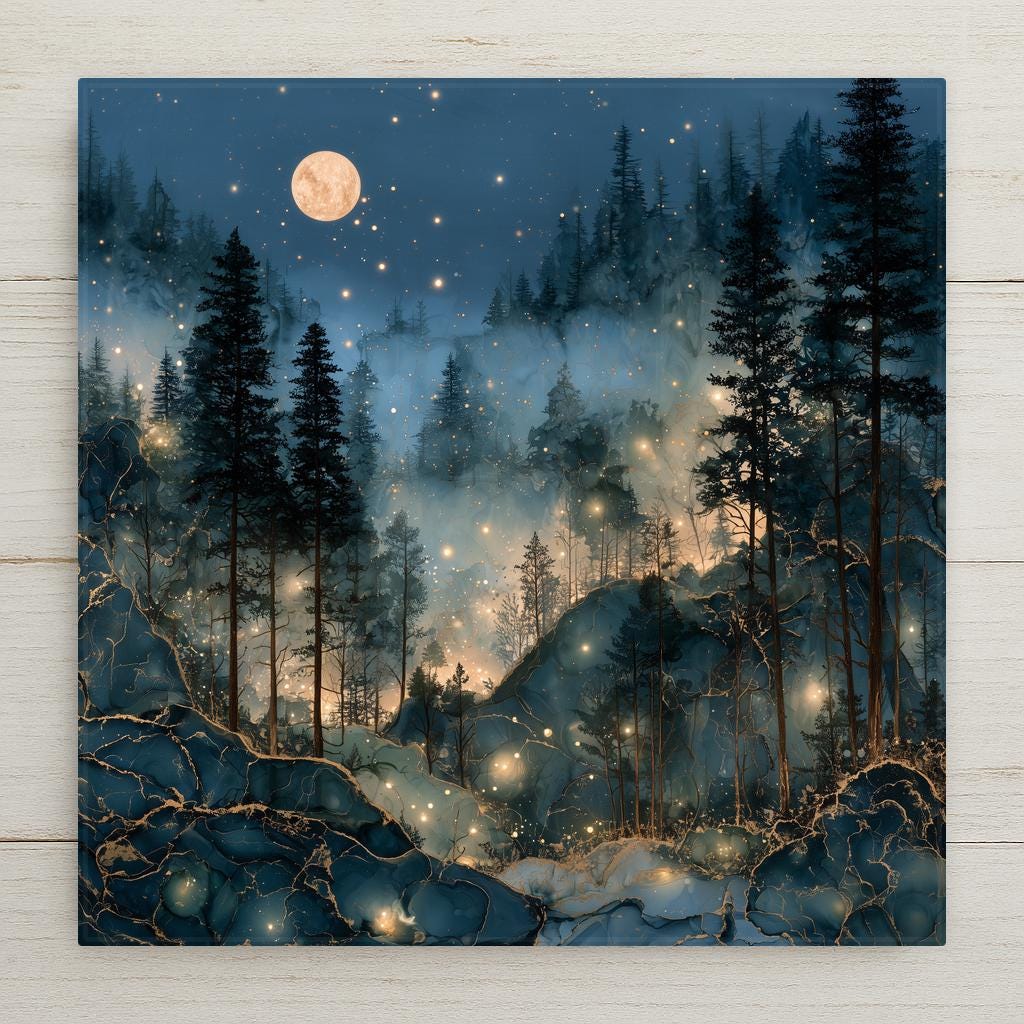 Alcohol ink style ceramic art tile of fireflies glowing gold among moonlit pine trees in the misty Smoky Mountains, full moon above and deep blue rocks veined with gold below.