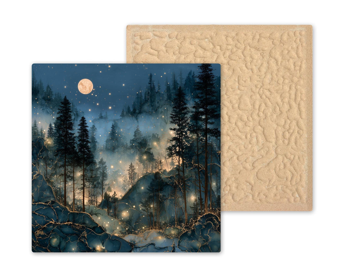 Firefly Forest Alcohol Ink Style Ceramic Art Tile – Smoky Mountains Moonlit Night Wall Decor, Firefly Lover