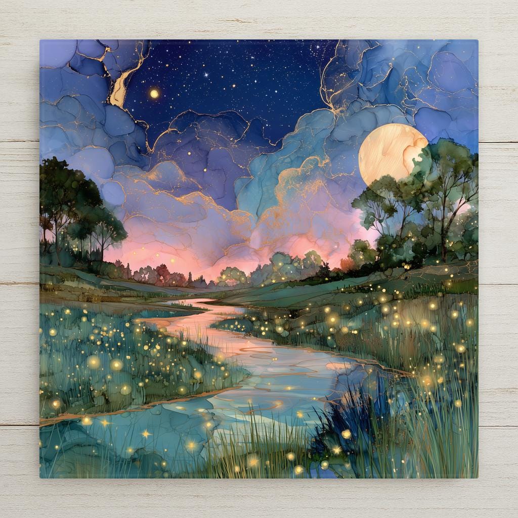 Alcohol ink style ceramic art tile of fireflies glowing over a meadow creek at twilight, pink sunset fading into a starry blue sky with a full moon and gold-veined clouds.