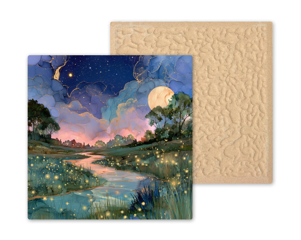 Firefly Meadow Alcohol Ink Style Ceramic Art Tile – Moonlit Creek at Twilight Wall Decor, Nature Lover