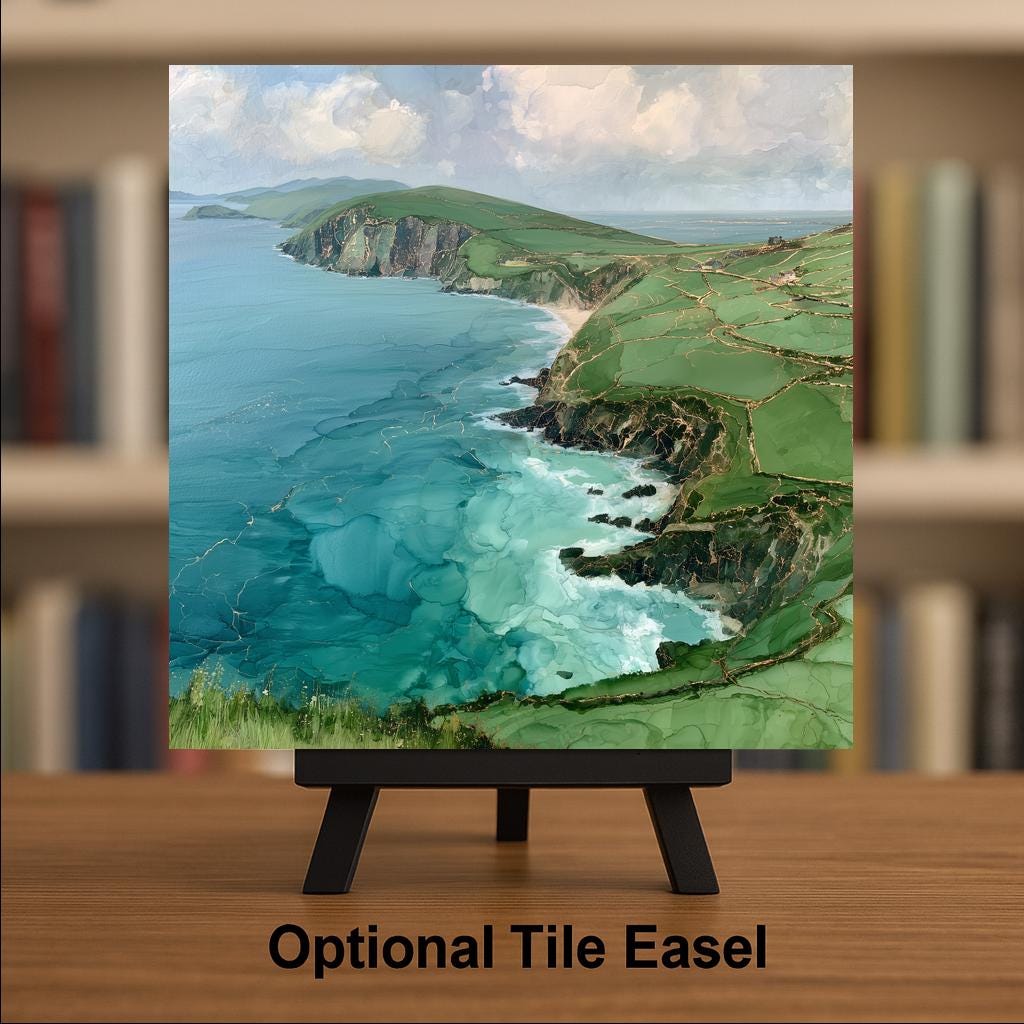 Dingle Peninsula Ireland Alcohol Ink Style Ceramic Art Tile – Slea Head Emerald Cliffs Wall Decor, Irish at Heart