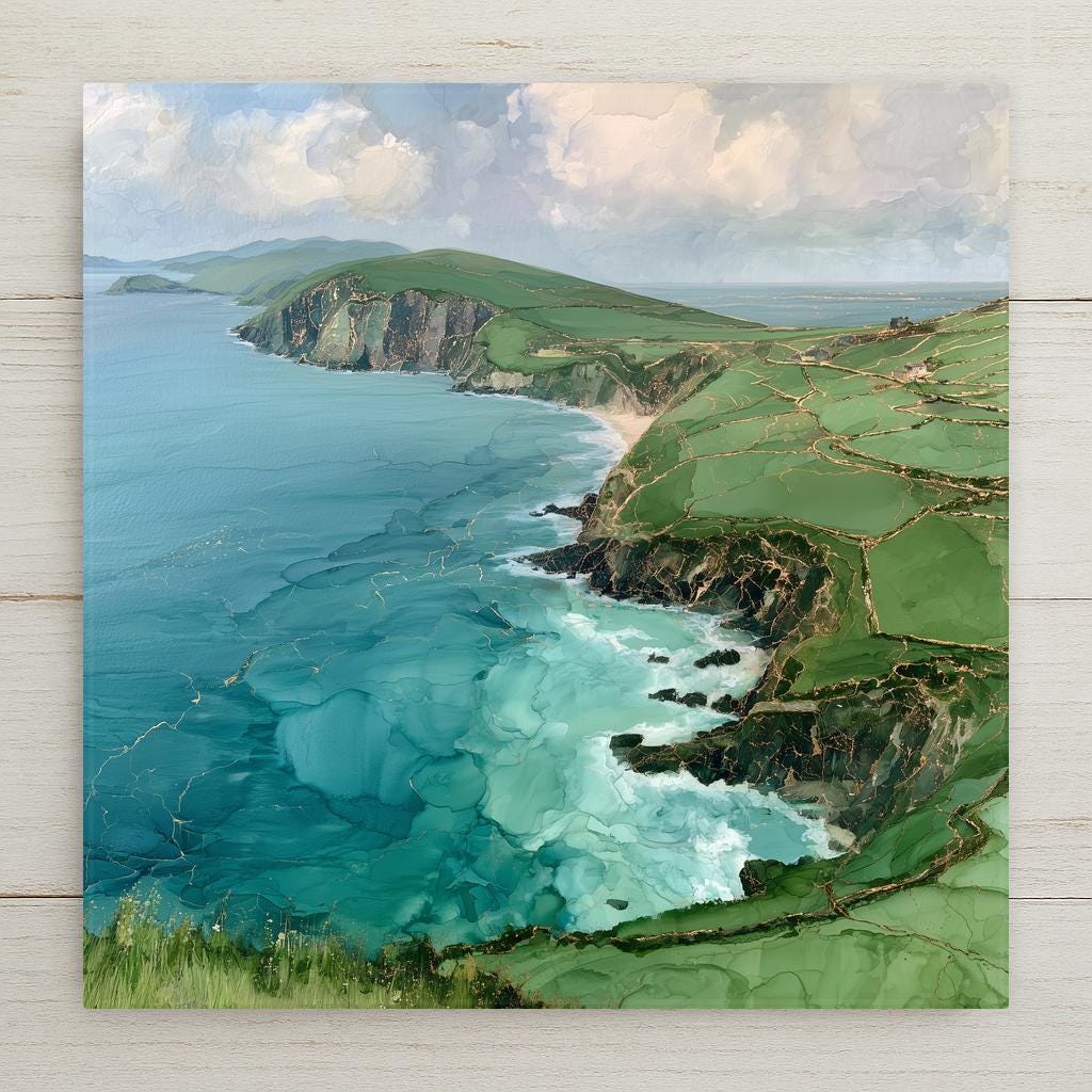 Alcohol ink style ceramic art tile of the Dingle Peninsula in Ireland, green stone-walled fields veined in gold above emerald cliffs and a turquoise Atlantic bay under soft clouds.