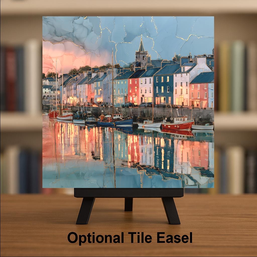 Dingle Harbor Ireland Alcohol Ink Style Ceramic Art Tile – Fishing Village at Dusk Wall Decor, Ireland Traveler