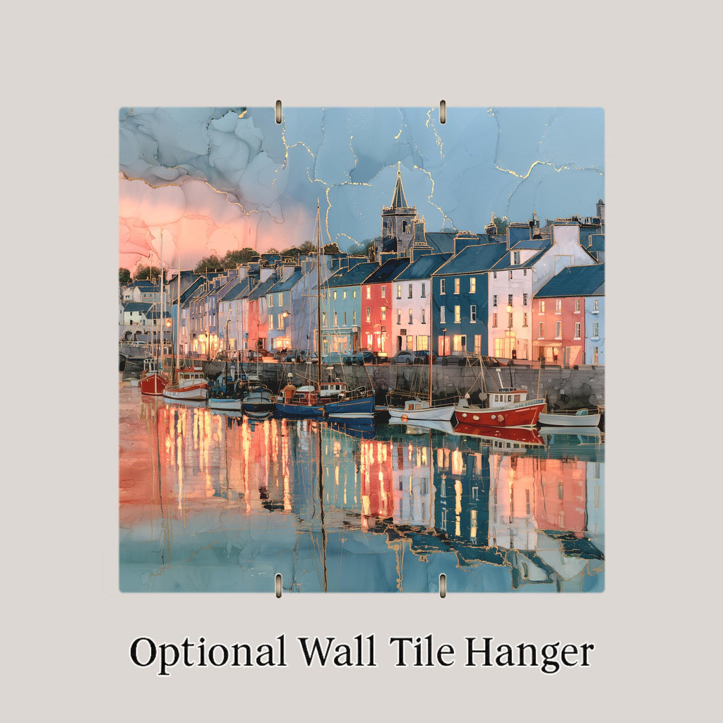 Dingle Harbor Ireland Alcohol Ink Style Ceramic Art Tile – Fishing Village at Dusk Wall Decor, Ireland Traveler