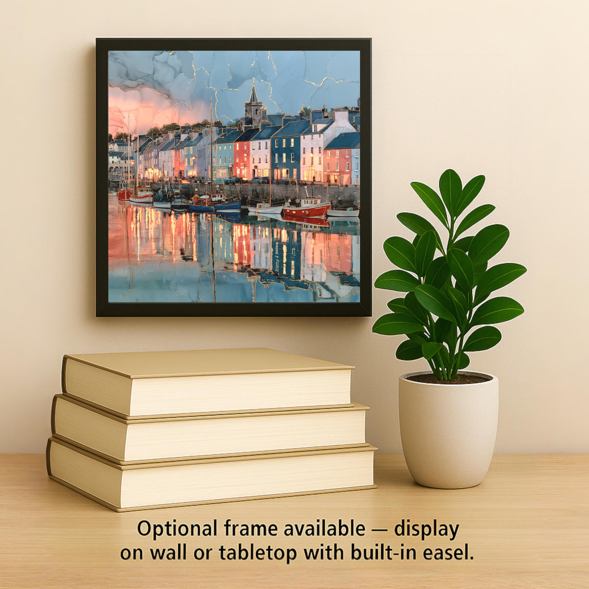 Dingle Harbor Ireland Alcohol Ink Style Ceramic Art Tile – Fishing Village at Dusk Wall Decor, Ireland Traveler