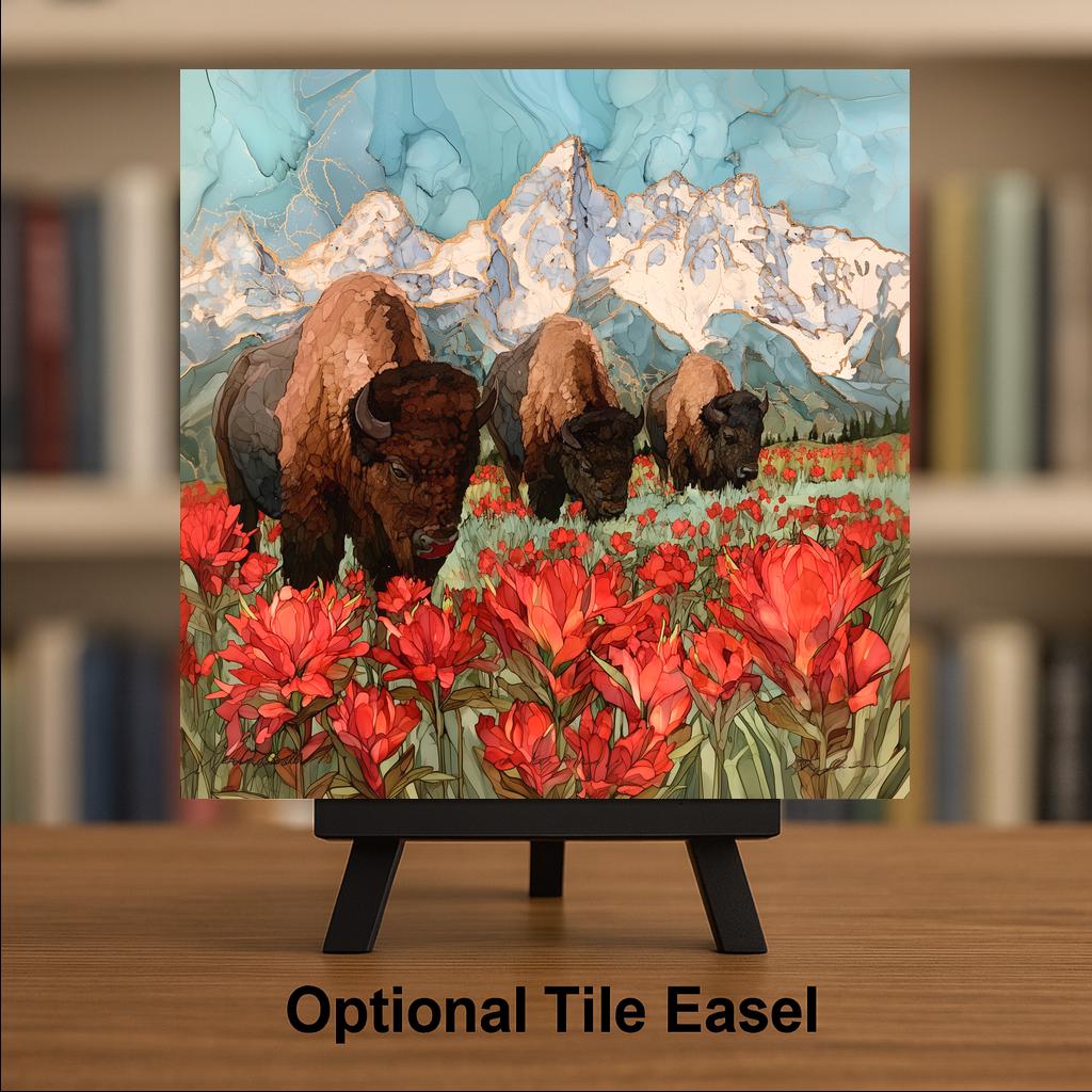 Grand Teton Bison Herd Alcohol Ink Style Ceramic Art Tile – Indian Paintbrush Meadow Wall Decor, Wildlife Lover