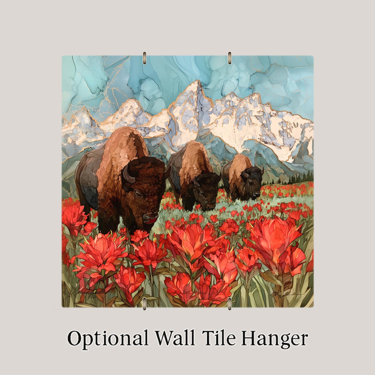 Grand Teton Bison Herd Alcohol Ink Style Ceramic Art Tile – Indian Paintbrush Meadow Wall Decor, Wildlife Lover