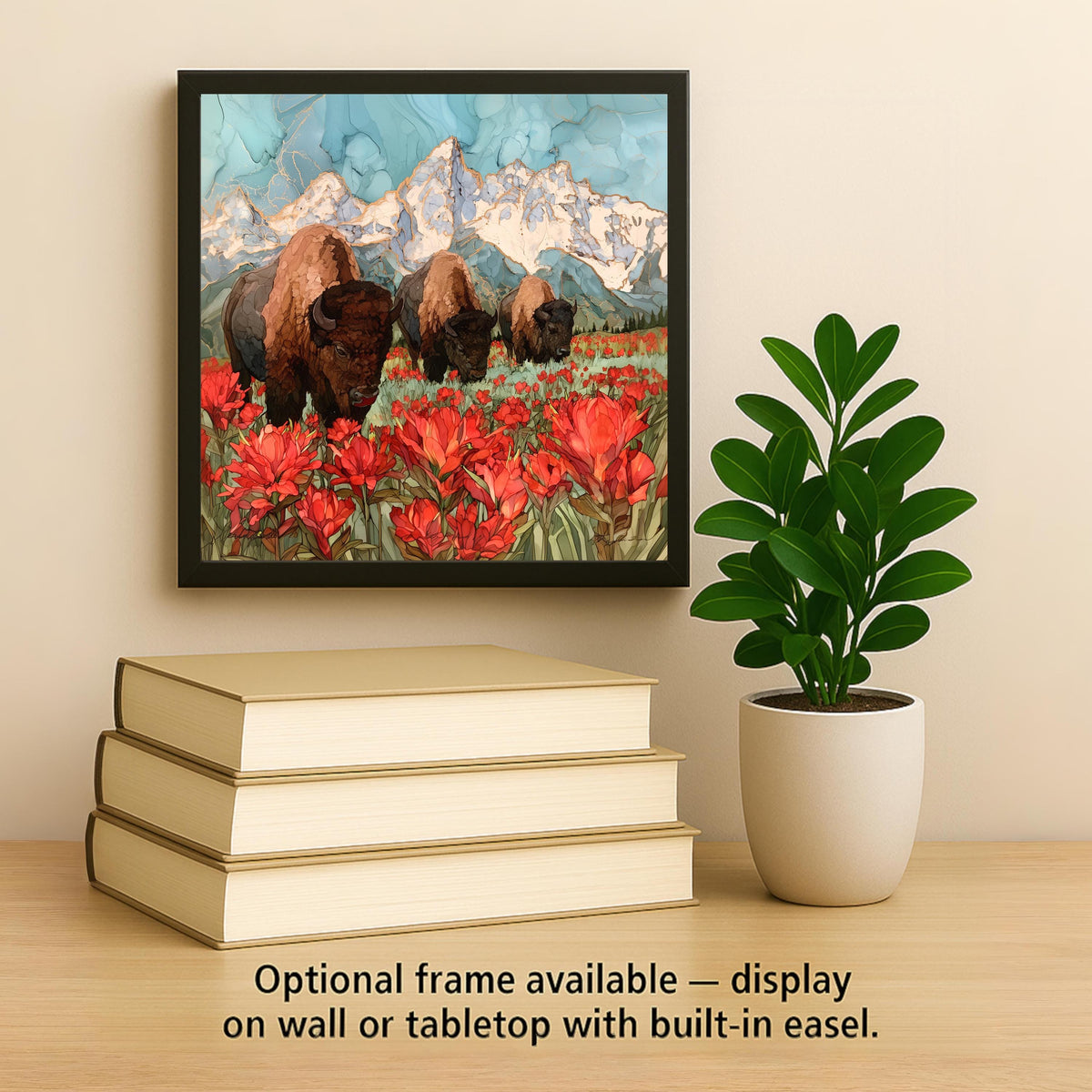 Grand Teton Bison Herd Alcohol Ink Style Ceramic Art Tile – Indian Paintbrush Meadow Wall Decor, Wildlife Lover