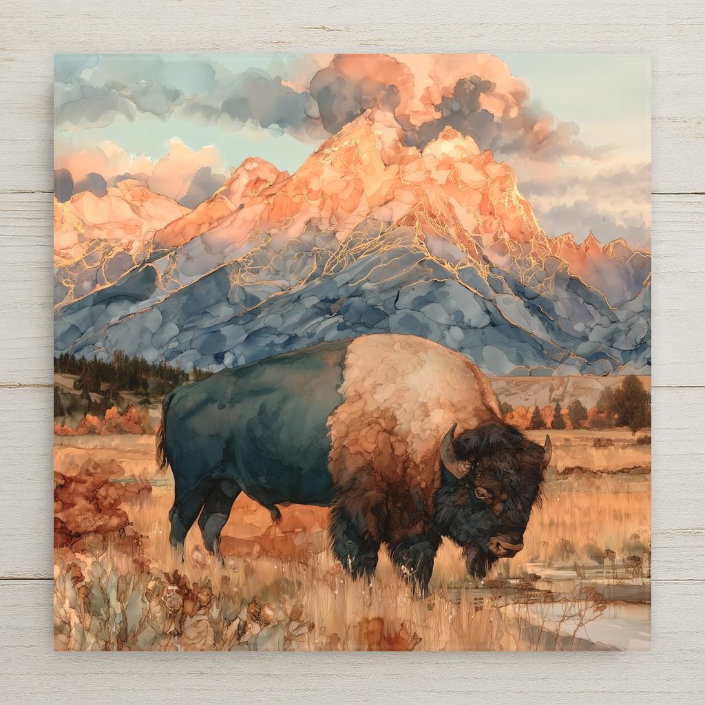 Alcohol ink style ceramic art tile of a lone bison in golden autumn grass below the Teton mountain range at sunset, peaks glowing peach with fine gold veining along every ridge.