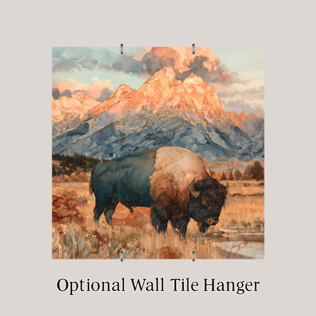 Grand Teton Bison Alcohol Ink Style Ceramic Art Tile – Autumn Buffalo in the Tetons Wall Decor, National Park Lover