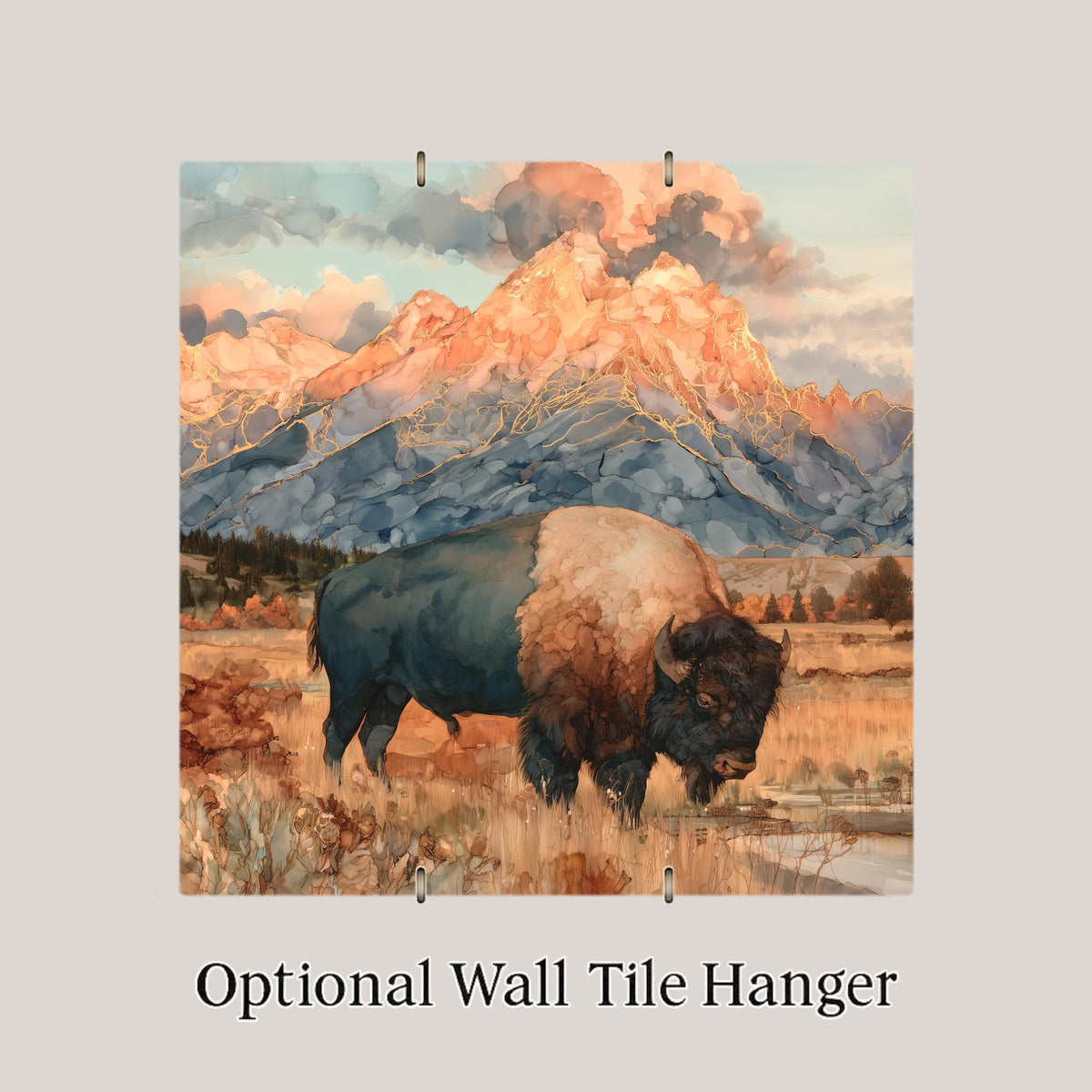 Grand Teton Bison Alcohol Ink Style Ceramic Art Tile – Autumn Buffalo in the Tetons Wall Decor, National Park Lover