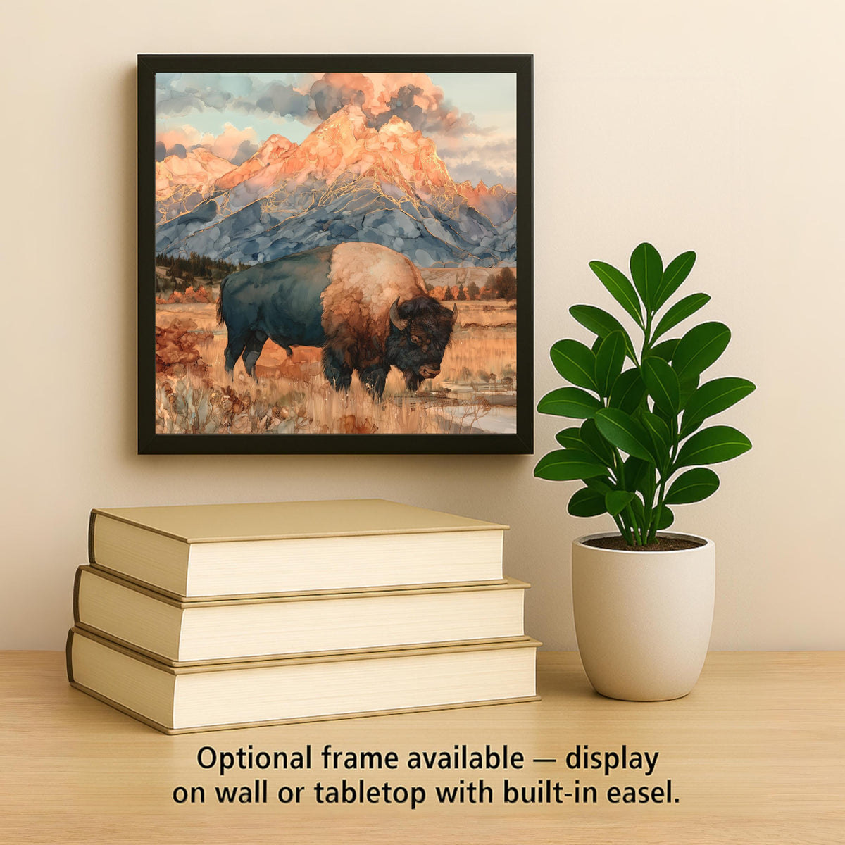 Grand Teton Bison Alcohol Ink Style Ceramic Art Tile – Autumn Buffalo in the Tetons Wall Decor, National Park Lover