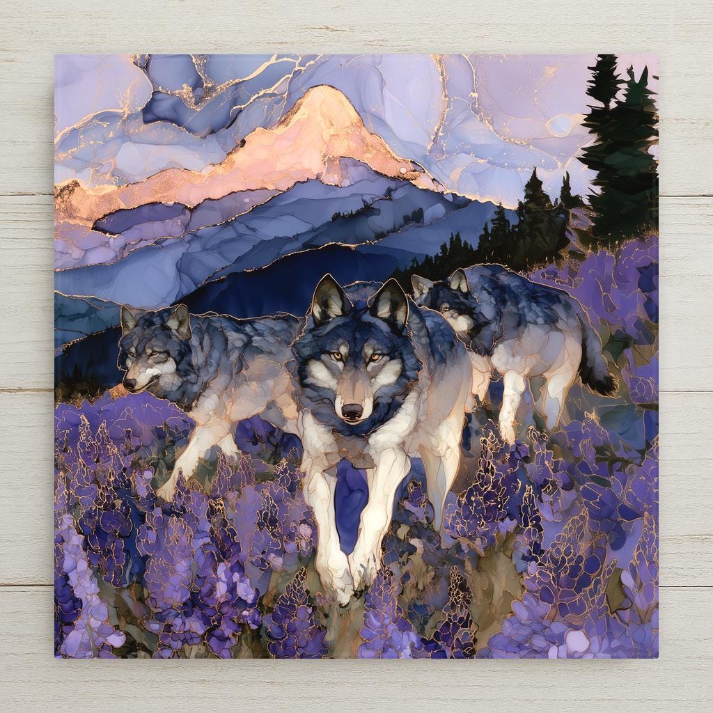 Alcohol ink style ceramic art tile of three gray wolves walking through purple lupine wildflowers at dusk, the lead wolf facing forward, a pink alpenglow mountain peak veined in gold behind.