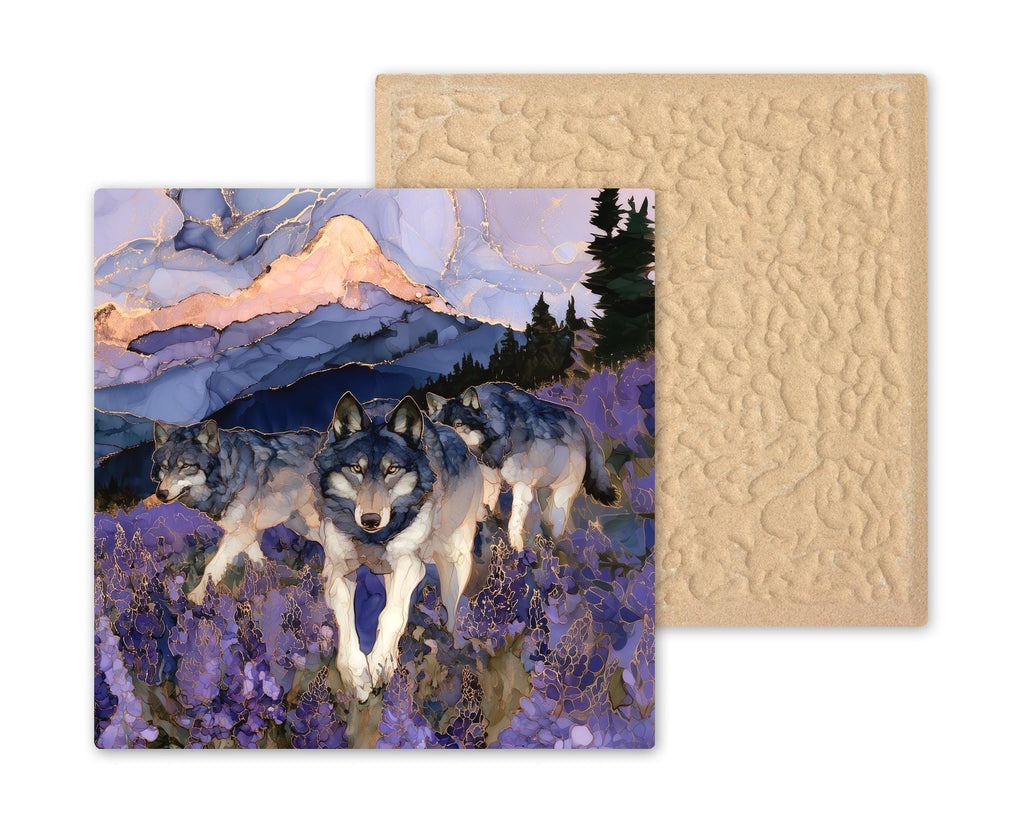 Wolf Pack Alcohol Ink Style Ceramic Art Tile – Lupine Wildflower Meadow at Dusk Wall Decor, Wildlife Lover