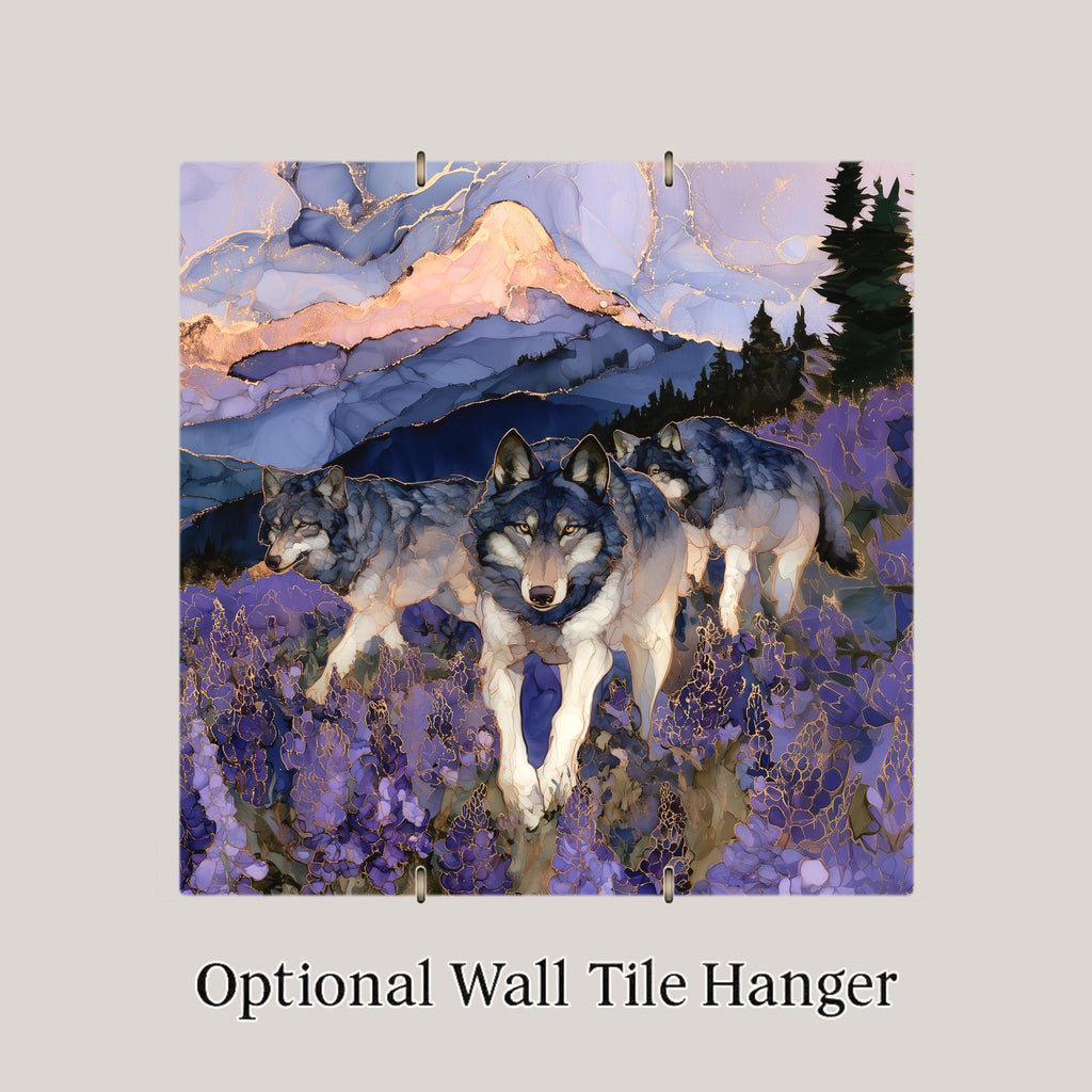 Wolf Pack Alcohol Ink Style Ceramic Art Tile – Lupine Wildflower Meadow at Dusk Wall Decor, Wildlife Lover