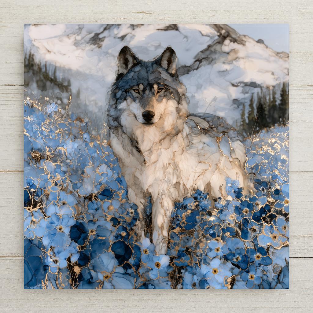 Alcohol ink style ceramic art tile of a lone gray wolf lying in a field of sky blue forget-me-not flowers veined with gold, a soft snow-covered mountain rising behind him.