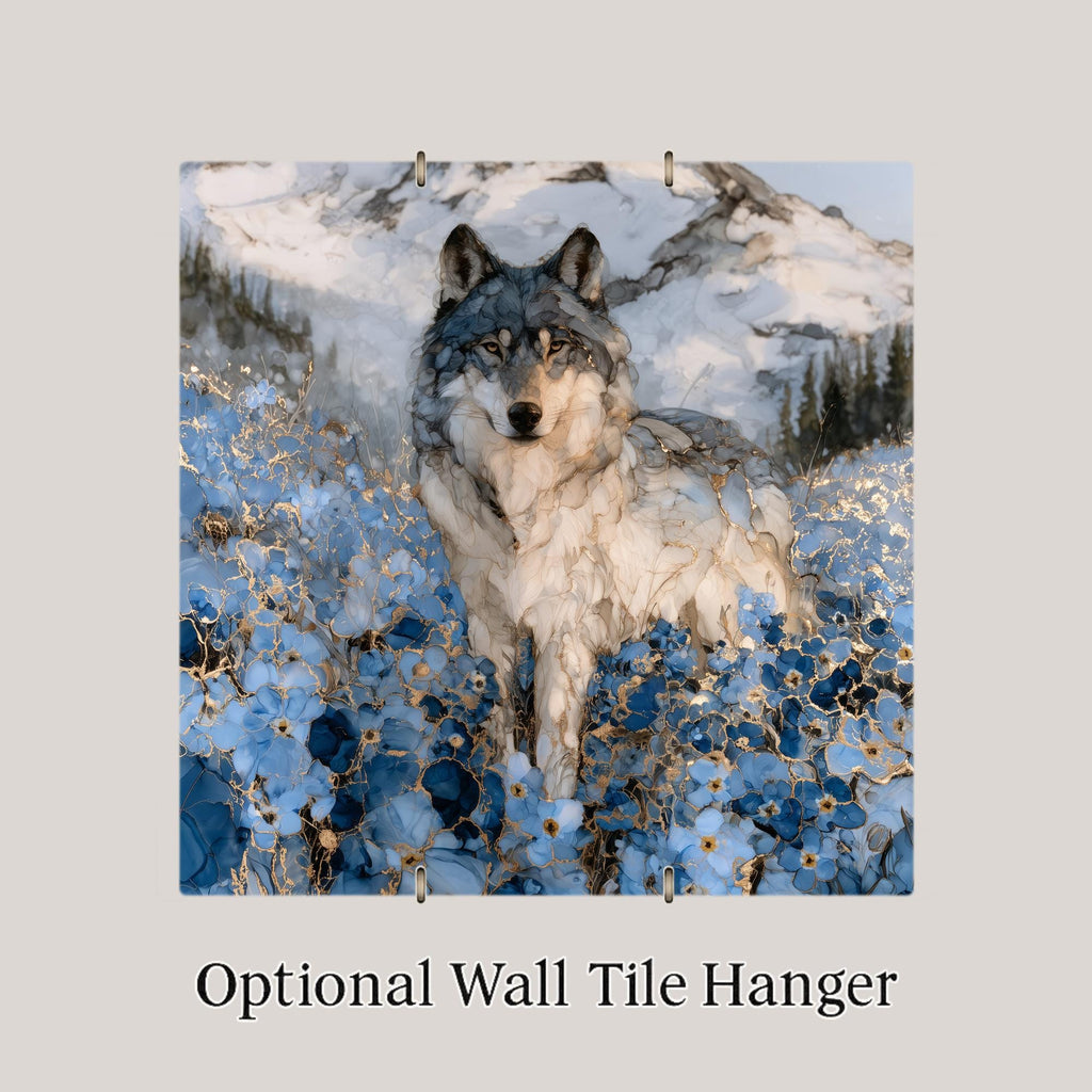 Alaska Wolf Alcohol Ink Style Ceramic Art Tile – Lone Wolf in Forget Me Not Wildflowers Wall Decor, Wolf Lover