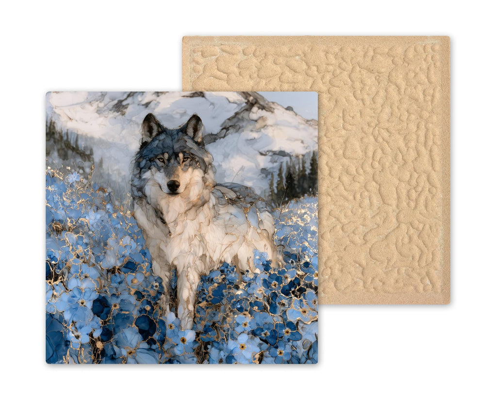 Alaska Wolf Alcohol Ink Style Ceramic Art Tile – Lone Wolf in Forget Me Not Wildflowers Wall Decor, Wolf Lover