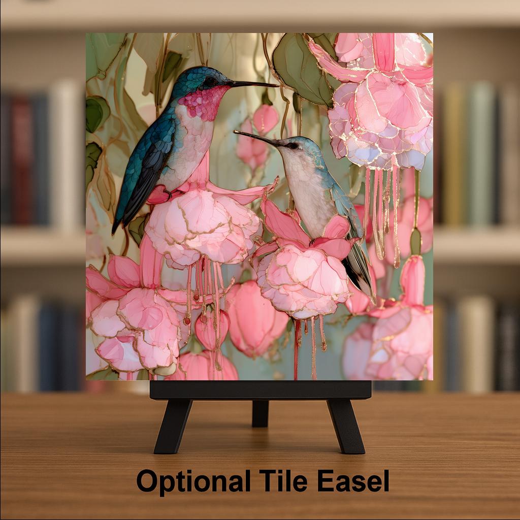 Hummingbird Pair Alcohol Ink Style Ceramic Art Tile – Fuchsia Garden in Pink and Gold Wall Decor, Bird Lover